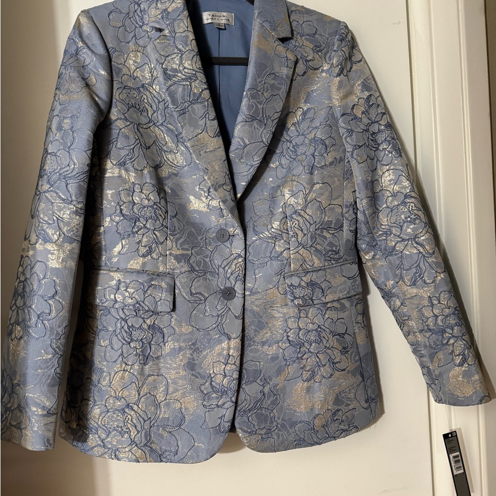 Tahari Blue and Gold Floral Blazer